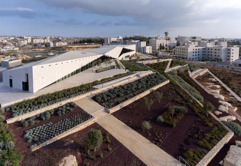 A still from Larissa Sansour’s ‘Nation State’ video, which depicts a solution for Palestine that condenses it into a high-rise theme park. Iwan Baan / The Palestinian Museum