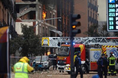 epa08952054 A view of Toledo street in Madrid, Spain, 20 January 2021, after a strong gas explosion caused the collapse of part of a building close to the Virgin of La Paloma church. At least three people died due to the explosion, according to reports.  EPA/David Fernandez