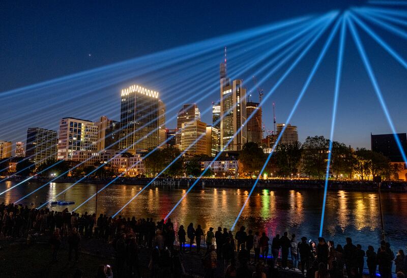 A light show as part of celebrations marking the 175th anniversary of the first German constitution, in Frankfurt. AP