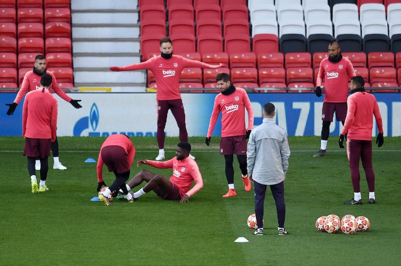 The Barcelona team train during a FC Barcelona training session, on the eve of their Champions League Quarter Final match against Manchester United, at Old Trafford in Manchester, England.  Getty