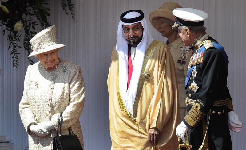 United Arab Emirates President Sheikh Khalifa Al-Nahyan, centre, is welcomed by Britain’s Queen Elizabeth II and the Duke of Edinburgh (right) at Windsor Castle near London April 30, 2013. Andy Rain / EPA