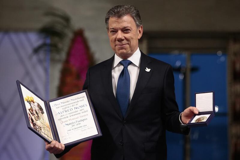 Nobel Peace prize laureate Juan Manuel Santos president of Colombia at the Peace Prize awarding ceremony at the City Hall in Oslo, Norway, on December 10, 2016. President Santos was awarded this year's Nobel Peace Prize for his efforts to bring Colombias more than 50-year-long civil war to an end.  Haakon Mosvold Larsen / EPA 