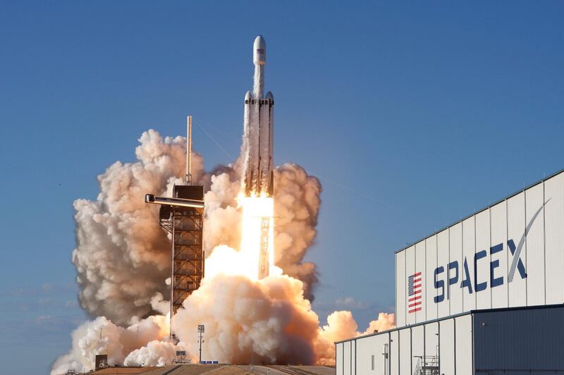 A SpaceX Falcon Heavy rocket, carrying the Arabsat 6A communications satellite, lifts off from the Kennedy Space Center in Cape Canaveral, Florida, US Reuters