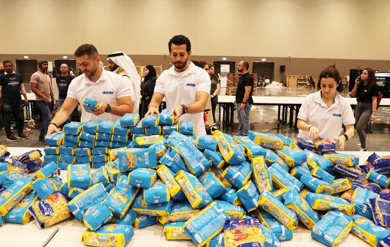 Staple goods were packed in boxes to be sent off to Turkey and Syria as part of the UAE's relief mission

