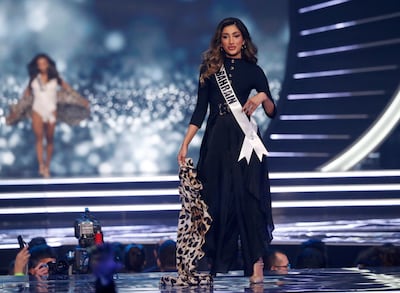 Bahrain's Manar Nadeem Deyani in the swimsuit round of the Miss Universe 2021 pageant. AP