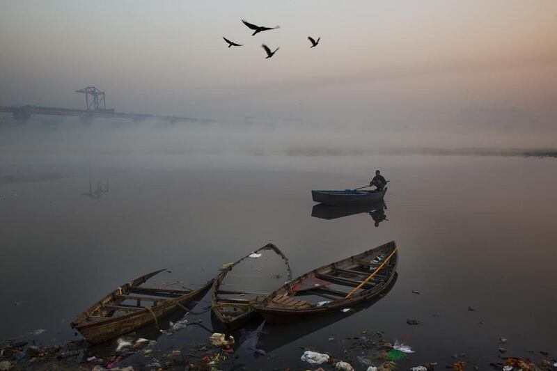 Birds fly past as a man rows his boat in the morning on the River Yamuna in New Delhi, India. Benat Armangue/AP Photo