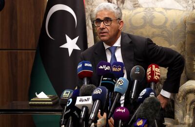 Libya's newly named interim prime minister Fathi Bashagha delivers a speech at Mitiga International Airport in Tripoli on February 10. AFP