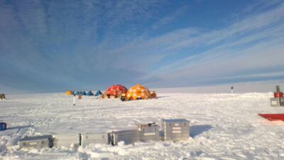 This photo provided by environmental scientist David Holland shows tents set up on the Dotson Ice Shelf in Antarctica. AP