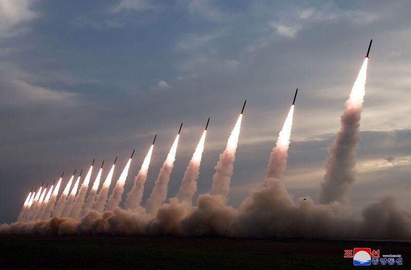 Test-firing of 600mm super-large rocket artillery at an unconfirmed location in North Korea. AFP