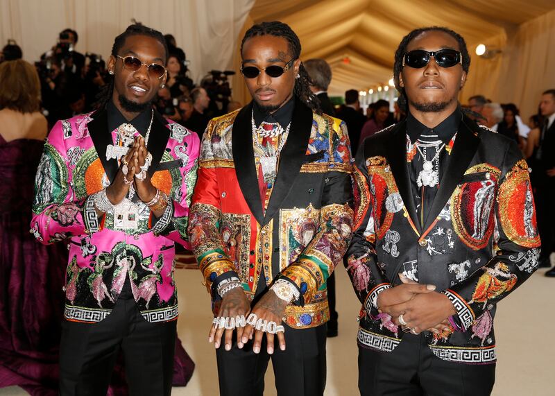 Takeoff, Quavo and Offset arrive at the 2018 Metropolitan Museum of Art Costume Institute Gala. Reuters 