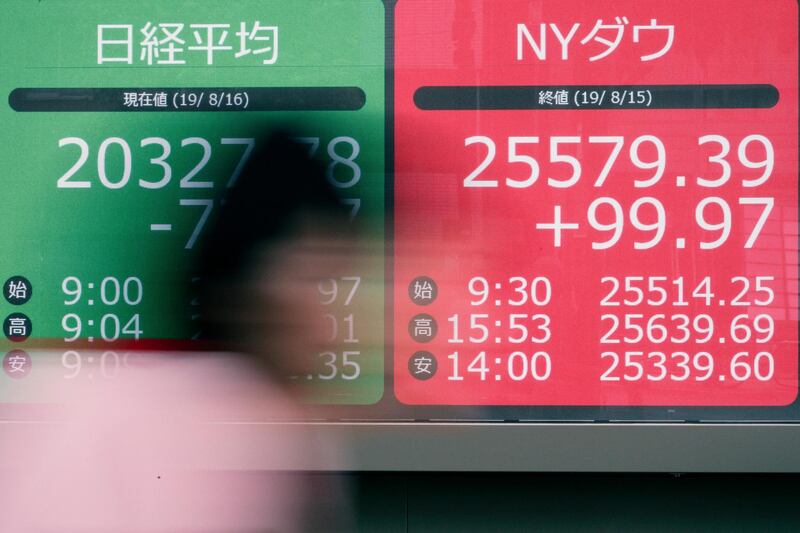 A woman walks past an electronic stock board showing Japan's Nikkei 225 index and NY Dow index at a securities firm in Tokyo Friday, Aug. 16, 2019. Asian shares were mixed Friday as turbulence continued on global markets amid ongoing worries about U.S.-China trade conflict. (AP Photo/Eugene Hoshiko)