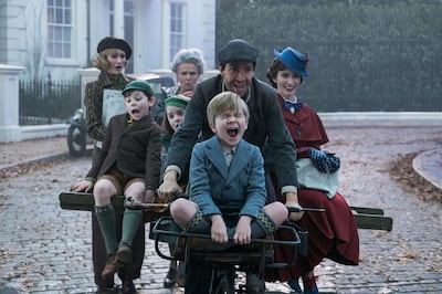 Jane (Emily Mortimer), John (Nathanael Saleh), Annabel (Pixie Davies, Ellen (Julie Walters), Jack (Lin-Manuel Miranda), Georgie (Joel Dawson) and Mary Poppins (Emily Blunt) in MARY POPPINS RETURNS, Disney’s original musical which takes audiences on an entirely new adventure with the practically-perfect nanny and the Banks family.
