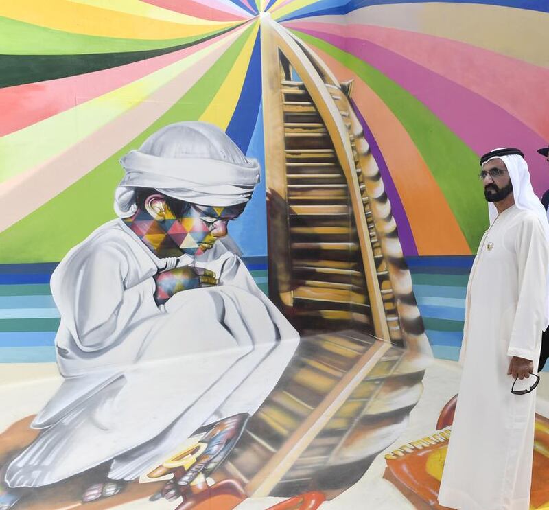 Sheikh Mohammed bin Rashid, Vice President and Ruler of Dubai, visits Dubai Canvas 3-D Art Festival on Friday. The festival, in Dubai’s City Walk, features the works of 25 artists, including four Emiratis, and is open to the public until March 7. Courtesy Dubai Media Office