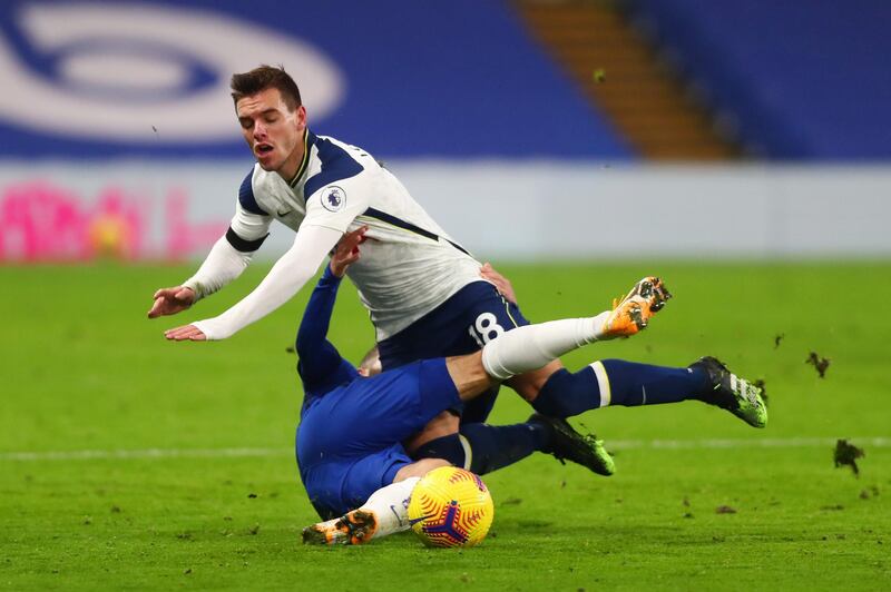 Chelsea's Christian Pulisic tackles Giovani Lo Celso of Tottenham. Getty