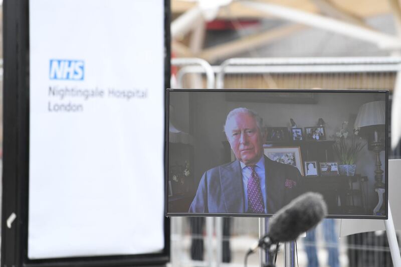 LONDON, ENGLAND - APRIL 03: A video message from the Prince of Wales, known as the Duke of Rothesay while in Scotland, is seen as he sends a video message to guests at the opening of the NHS Nightingale Hospital at the ExCel centre on April 3, 2020 in London, England. The field hospital will initially contain 500 beds with ventilators and oxygen and will have the capacity to eventually hold up to 4,000 COVID-19 patients. (Photo by Stefan Rousseau/Getty Images)