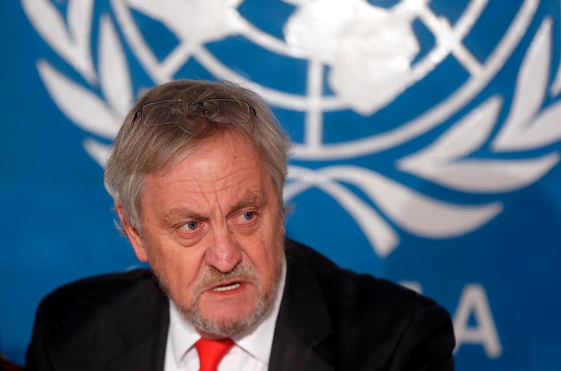 FILE - In this Wednesday, Feb. 18, 2015, file photo, Nicholas Haysom, then the top UN envoy in Afghanistan, speaks during a press conference in Kabul. Somalia's government on Tuesday, Jan. 1, 2019 ordered Nicholas Haysom, the United Nations envoy to Somalia, to leave amid questions over the arrest of the al-Shabab extremist group's former deputy leader Mukhtar Robow who had run for a regional presidency. (AP Photo/Massoud Hossaini, File)