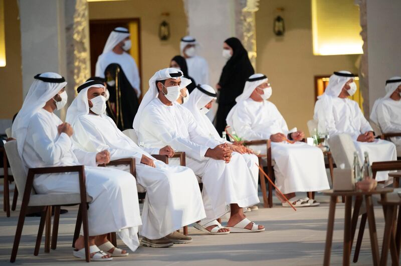 ABU DHABI, UNITED ARAB EMIRATES - April 07, 2021: Lieutenant General (Rtd.) Obaid Mohammed Al Kaabi (2nd R) and family members, attend the Abu Dhabi Awards ceremony, at Qasr Al Hosn.

( Mohamed Al Hammadi / Ministry of Presidential Affairs )
---