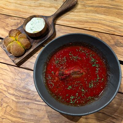 The restaurant's borscht, with beetroot, beef chunks, cabbage and root vegetables. Photo: Yoy