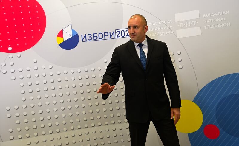 Front-runner Rumen Radev arrives for a pre-election televised debate in Sofia. EPA