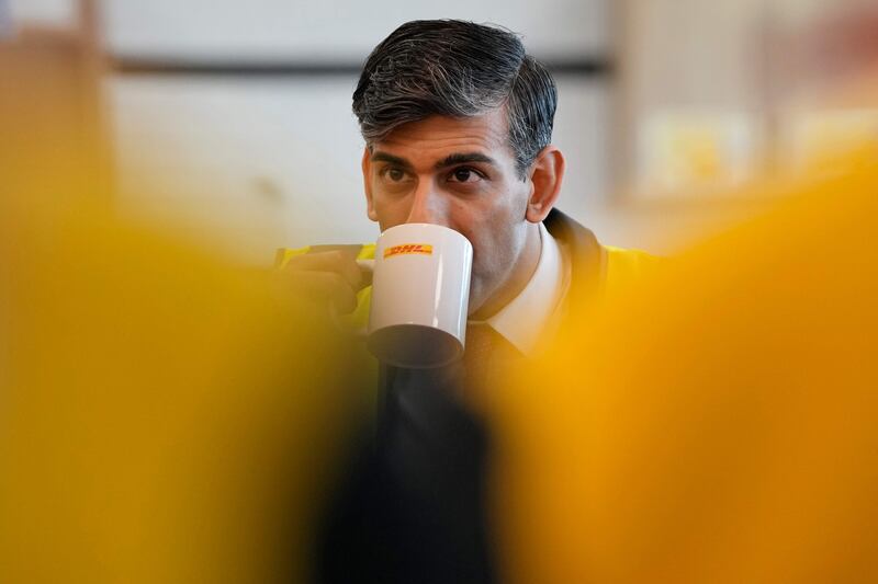 UK Prime Minister Rishi Sunak during a visit to the DHL Gateway port facility east of London on Monday. AFP