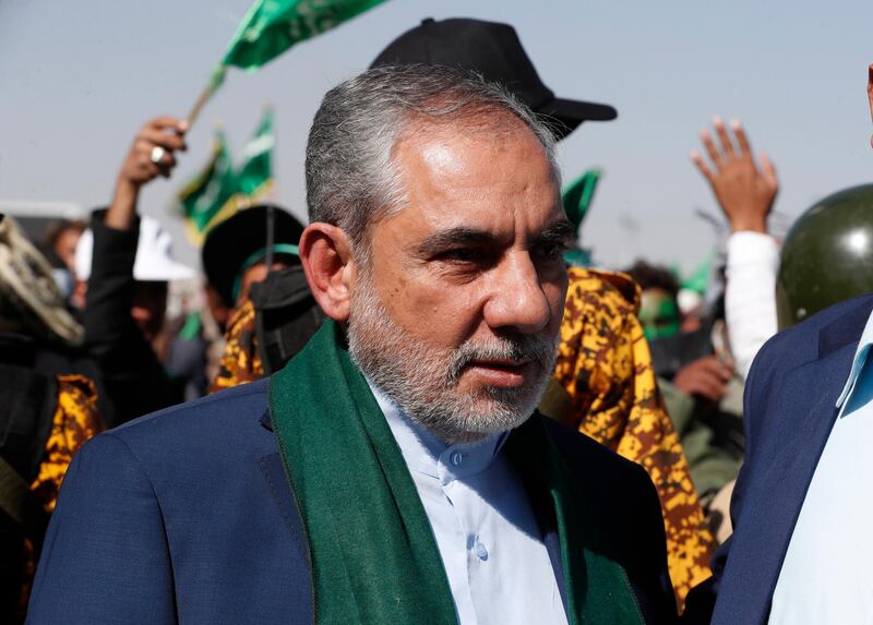epa08870849 Hassan Irloo (C), Iran's newly appointed envoy to the Houthi-controlled areas of Yemen, attends a Mawlid celebration at a square in Sana'a, Yemen, 29 October 2020 (Issued 08 December 2020). According to reports, the United States has imposed terrorism-related sanctions on Hassan Irloo, Iran's newly appointed envoy to the Houthi-controlled northern areas of Yemen.  EPA/YAHYA ARHAB