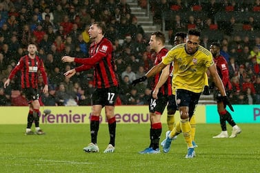 Pierre-Emerick Aubameyang celebrates after scoring Arsenal's equalising goal against Bournemouth. PA
