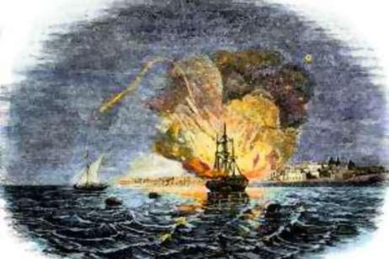 Burning of the American ship "Philadelphia," held by Barbary Pirates in Tripoli harbor, 1804.