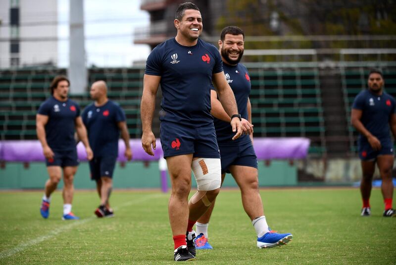 France hooker Guilhem Guirado, centre, leads the team out to training. AFP