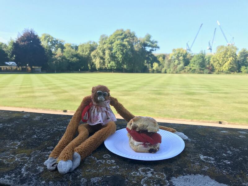 Harriet enjoying a scone at Buckingham Palace. Courtesy Royal Collection Trust / © Her Majesty Queen Elizabeth II 2019.