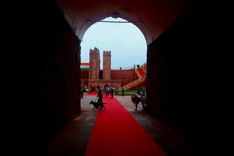 A sniffer dog inspects the area before the start of the Independence Day ceremony on the ramparts of the landmark Red Fort . AP Photo