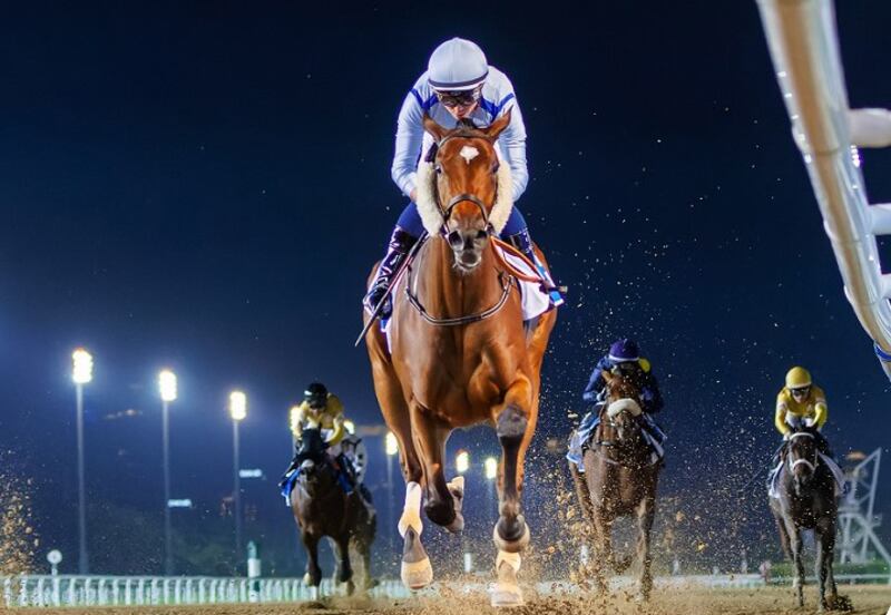 Mickael Barzalona and Mimi Kakushi won the UAE 1000 Guineas at the Dubai World Cup Carnival’s third meeting at Meydan on Friday, January 20, 2023. Photo: Adiyat Racing Plus