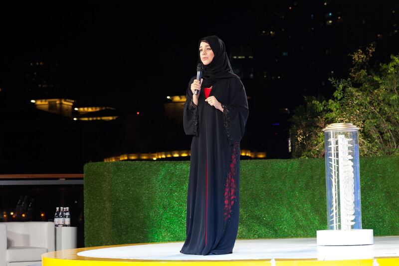 Dubai 27th of March 2016. Reem Al Hashmy at the launch of the expo 2020 logo at the Burj Khalifa. Anna Nielsen for The National *** Local Caption ***  Expo2020Logo_AnnaNielsen_01.JPG