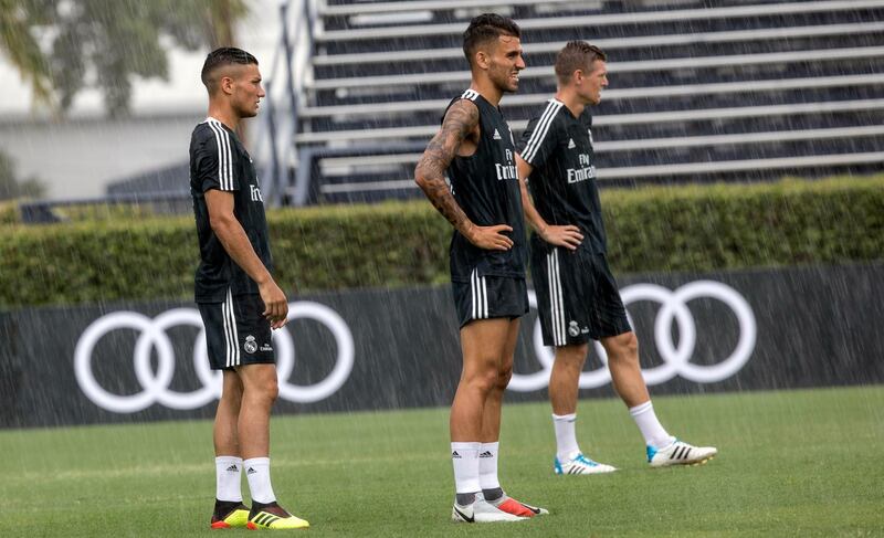 From left to right, Real Madrid midfielders Oscar Rodríguez, Dani Ceballos and Toni Kroos training in Miami. AP Photo