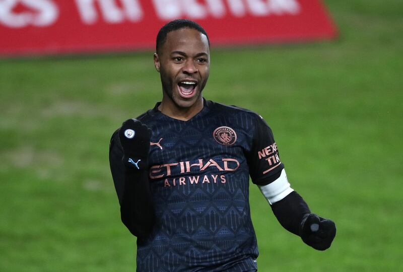 Manchester City's Raheem Sterling celebrates scoring their side's second goal of the game during the Emirates FA Cup fifth round match at Liberty Stadium, Swansea. Picture date: Wednesday February 10, 2021. PA Photo. See PA story SOCCER Swansea. Photo credit should read: Nick Potts/PA Wire. 

RESTRICTIONS: EDITORIAL USE ONLY No use with unauthorised audio, video, data, fixture lists, club/league logos or "live" services. Online in-match use limited to 120 images, no video emulation. No use in betting, games or single club/league/player publications.