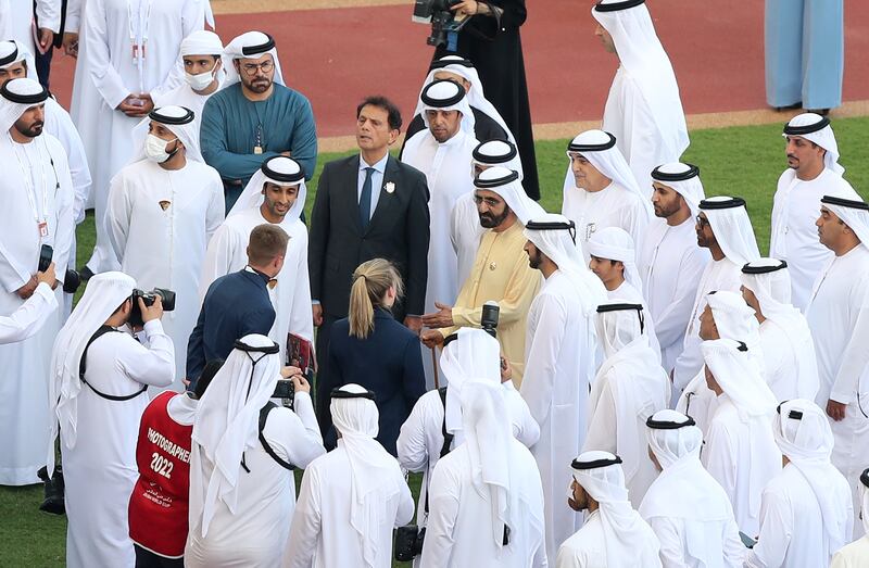 Sheikh Mohammed bin Rashid, Vice President and Ruler of Dubai, and Sheikh Hamdan bin Mohammed, Crown Prince of Dubai, attend the Dubai World Cup at Meydan Racecourse. Chris Whiteoak / The National