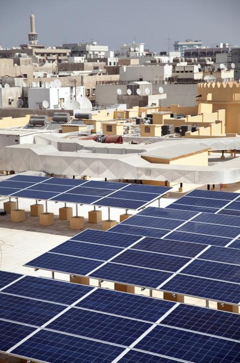 Solar installation on the roof of the new Al Fahidi Souk in Dubai. The permanent installation is comprised of 139 panels, of which 34 feed the power into OPZv gel batteries to store for the souk, will feed power into the SEWA grid. Silvia Razgova / The National







