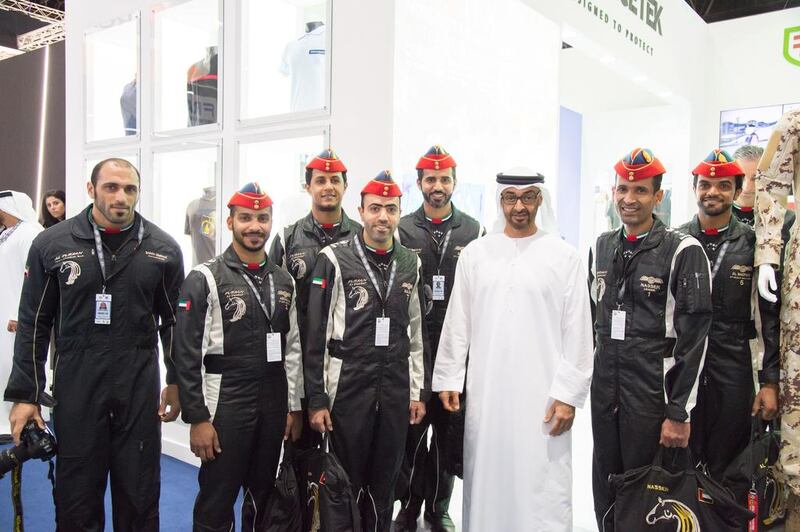Sheikh Mohamed bin Zayed, Crown Prince of Abu Dhabi and Deputy Supreme Commander of the UAE Armed Forces with the Al Forsan aerobatic display team. Mohamed Al Suwaidi / Crown Prince Court - Abu Dhabi