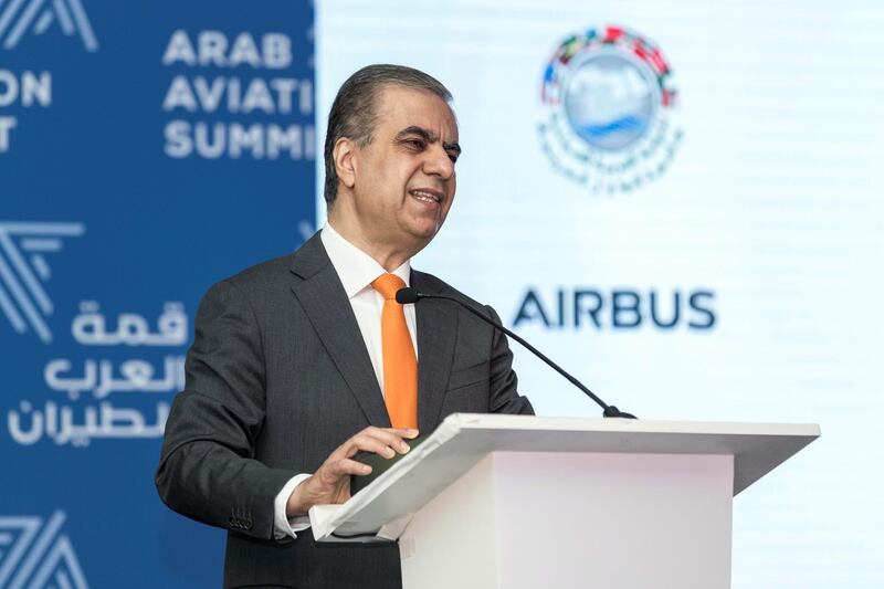 DUBAI, UNITED ARAB EMIRATES. 06 DECEMBER 2017. H.H Sheikh Ahmed bin Saeed Al Maktoum will at the Arab Aviation Summit. Mr Adel Al Ali, Group Chief Executive Officer, Air Arabia speaks at the conference. (Photo: Antonie Robertson/The National) Journalist: None. Section: Business.