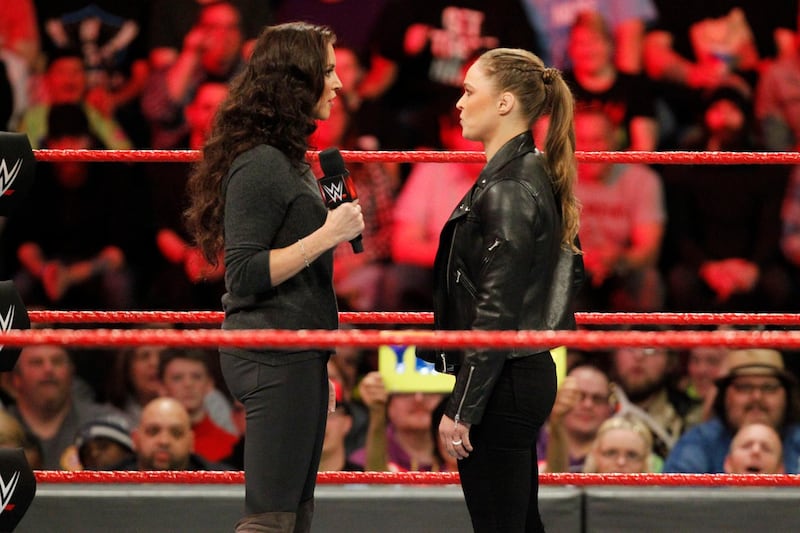 Ronda Rousey, right, faces Stephanie McMahon, left, as part of the mixed tag match on Sunday at WrestleMania 34. Image courtesy of WWE.