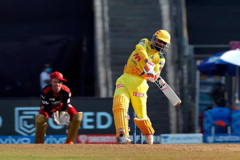 Ravindra Jadeja of Chennai Super Kings hitting a over boundary  during match 19 of the Vivo Indian Premier League 2021 between the Chennai Super Kings and the Royal Challengers Bangalore held at the Wankhede Stadium Mumbai on the 25th April 2021.

Photo by Saikat Das / Sportzpics for IPL