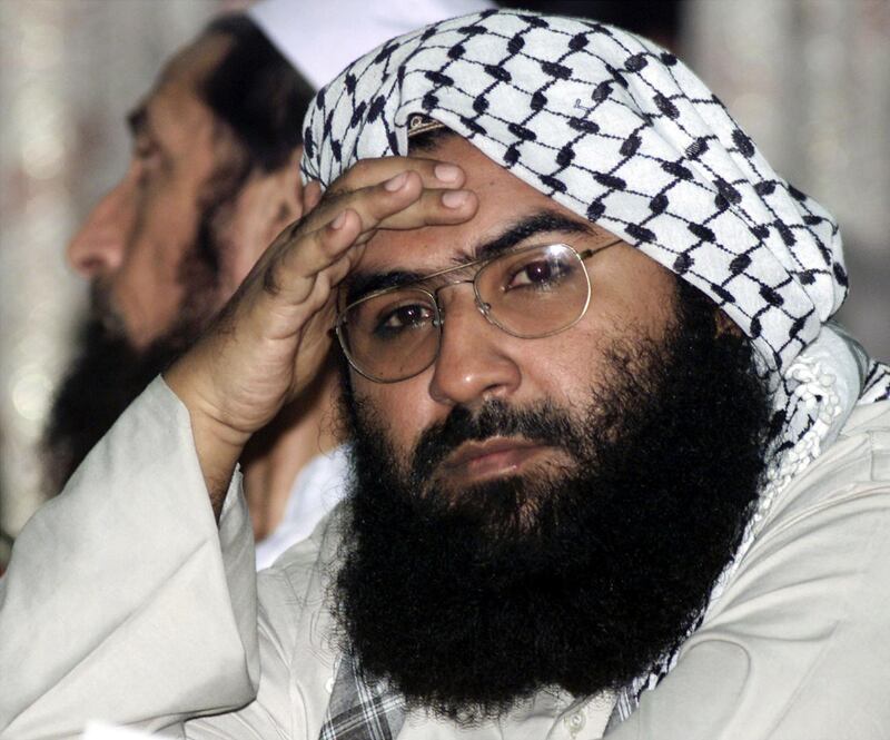 FILE PHOTO: Maulana Masood Azhar, head of Pakistan's militant Jaish-e-Mohammad party, attends a pro-Taliban conference organised by the Afghan Defence Council in Islamabad, Pakistan August 26, 2001. REUTERS/Mian Khursheed/File Photo