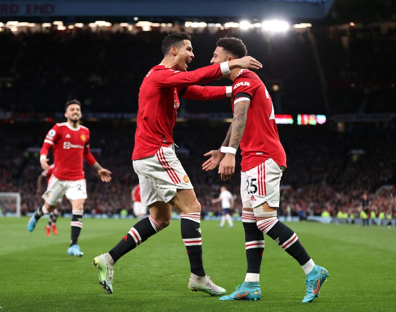 Jadon Sancho 7 Beaten by Kulusevski in the run up to Spurs penalty. Stayed onside to set up Ronaldo for United’s second. Cut inside to shoot on 43. Busy. Lost the ball to set up a Spurs attack on 61. Beaten down the right too many times, but still doing well.
Getty