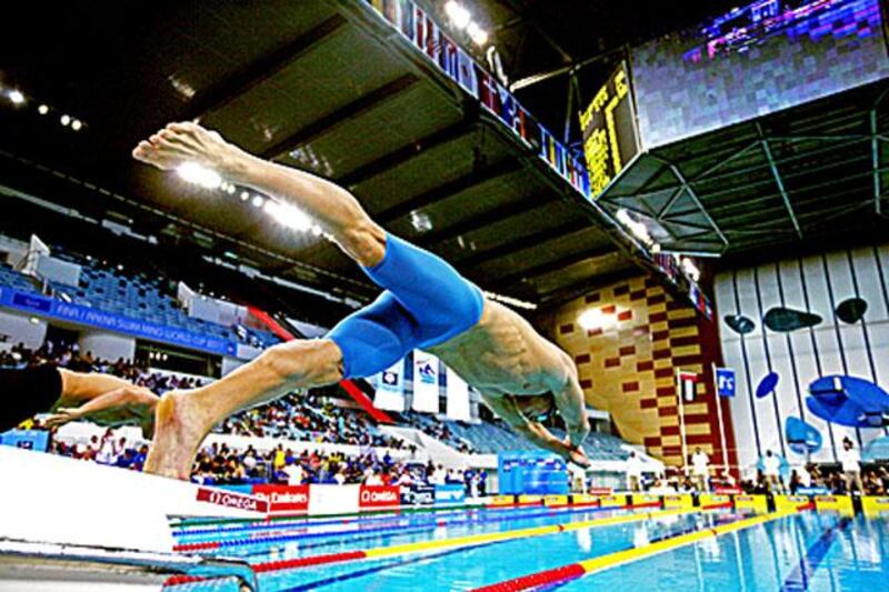 October 08. Evgeny Korotyshkin (RUS) during the mens100m Bautterfly at the Fina/Arena Swimming World Cup 2011 held at the Hamdan bin Mohammed Al Rashid Sport Complex. October 08, Dubai, United Arab Emirates (Photo: Antonie Robertson/The National)