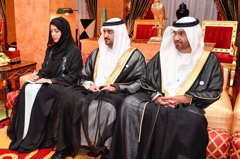 Reem bint Ibrahim Al Hashemy, Minister of State for International Cooperation; xxx; and Dr. Sultan bin Ahmad Sultan Al Jaber, Minister of State; during the visit of Prime Minister of Pakistan Imran Khan and his accompanying delegation at Zaabel Palace on November 18, 2018. Dubai Media Office / Wam