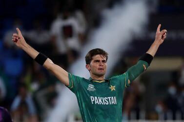 Pakistan's Shaheen Afridi celebrates the dismissal of Scotland's Michael Leask during the Cricket Twenty20 World Cup match between Pakistan and Scotland in Sharjah, UAE, Sunday, Nov.  7, 2021.  (AP Photo / Aijaz Rahi)