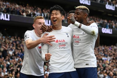 LONDON, ENGLAND - MAY 01: Son Heung-Min of Tottenham Hotspur celebrates with team mates after scoring the third goal during the Premier League match between Tottenham Hotspur and Leicester City at Tottenham Hotspur Stadium on May 01, 2022 in London, England. (Photo by Mike Hewitt / Getty Images)