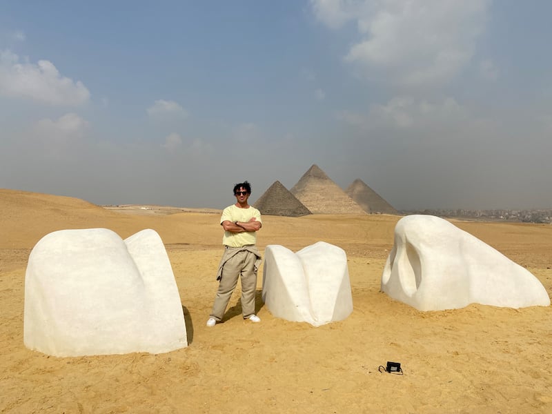 Syrian-born Sweden-raised Jwan Yosef with his installation Vital Sands. Nada El Sawy / The National