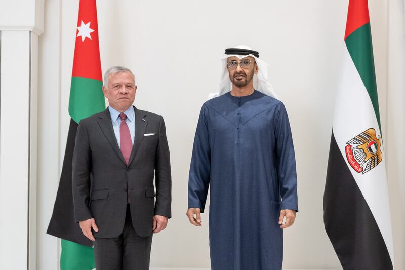 Sheikh Mohamed and King Abdullah before their meeting at Al Shati Palace.