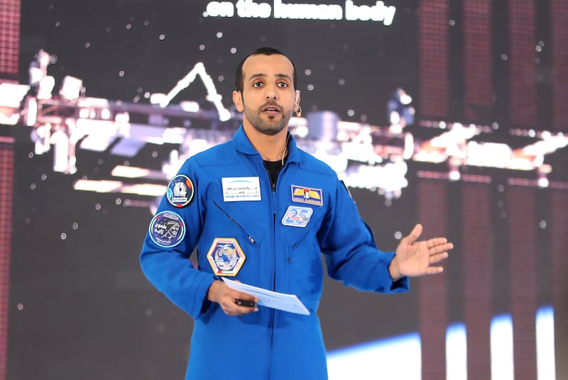 UAE astronaut Hazza Al Mansouri speaking during the UAE in Space event at the Museum of the Future in Dubai. Pawan Singh / The National