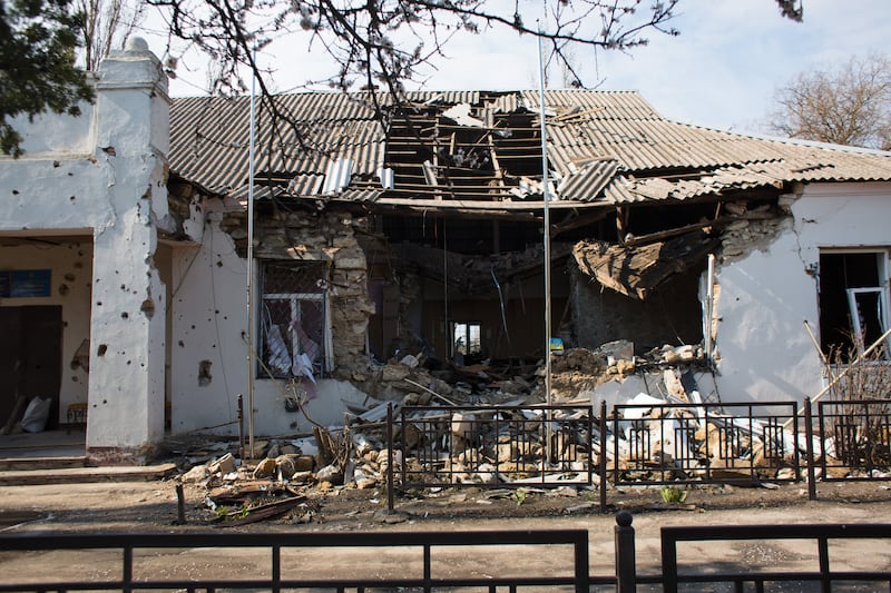 The village council and police department buildings destroyed by Russian shelling in Lymany, just outside Mykolaiv, Ukraine. Getty Images